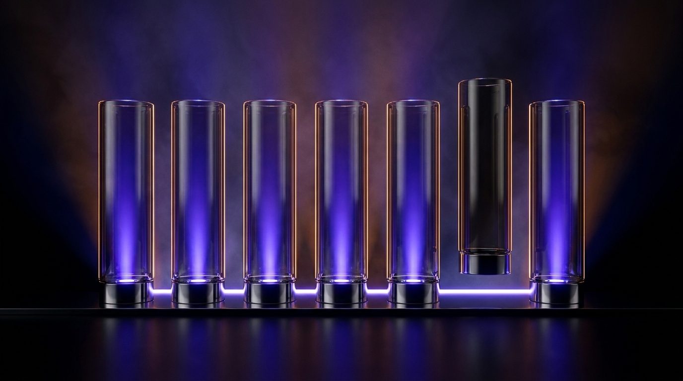 Seven lit columns with one switched off