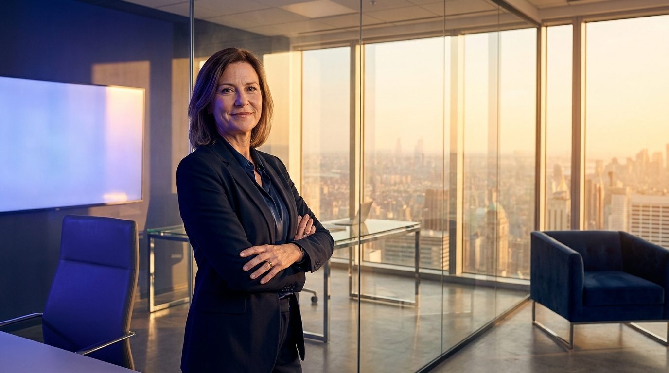 A compliance leader in a glass walled office at golden hour