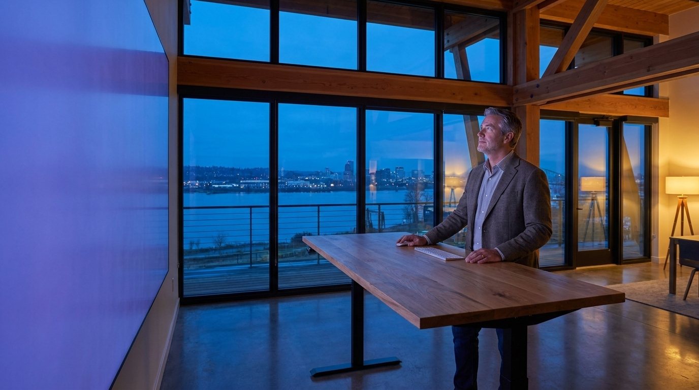An operations lead working a wall display beside the Columbia River at blue hour
