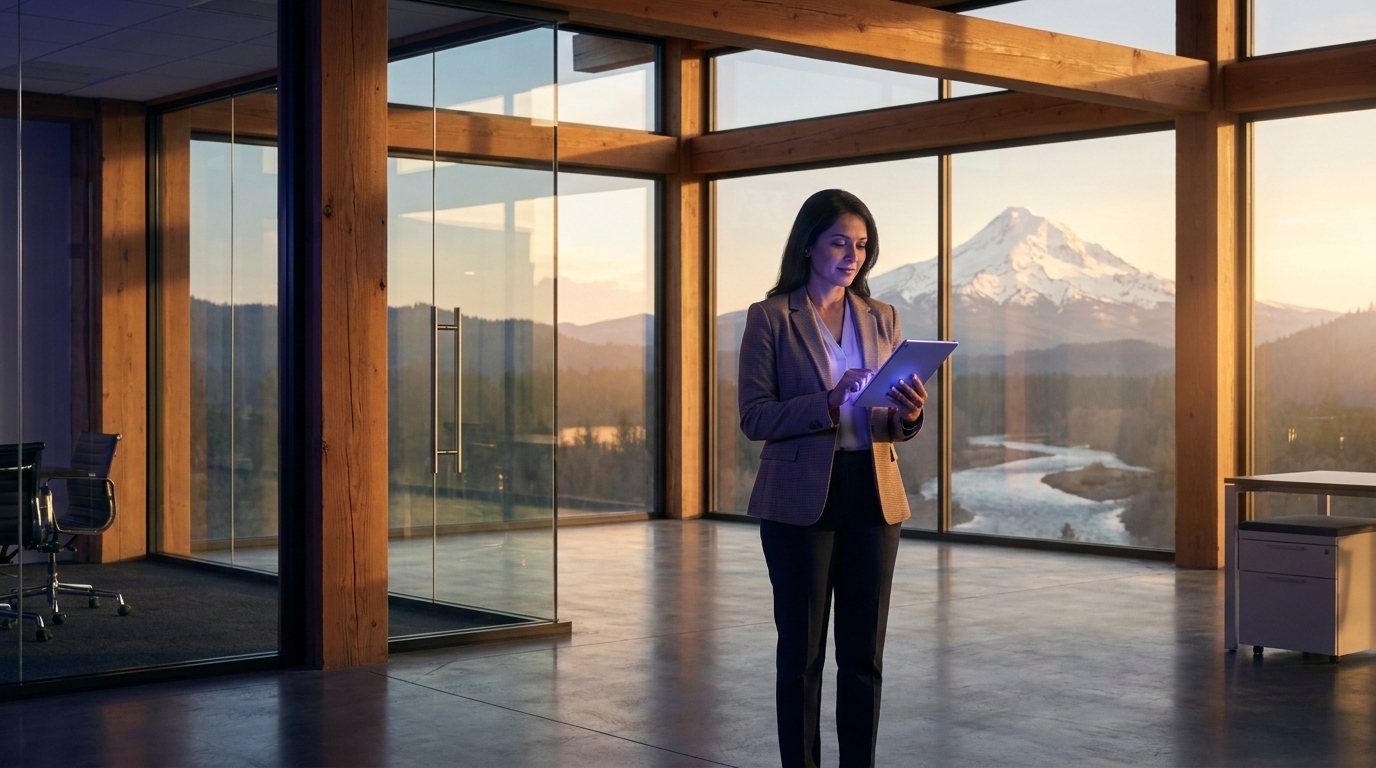 A compliance lead reviewing settings on a tablet, Mount Hood beyond the glass