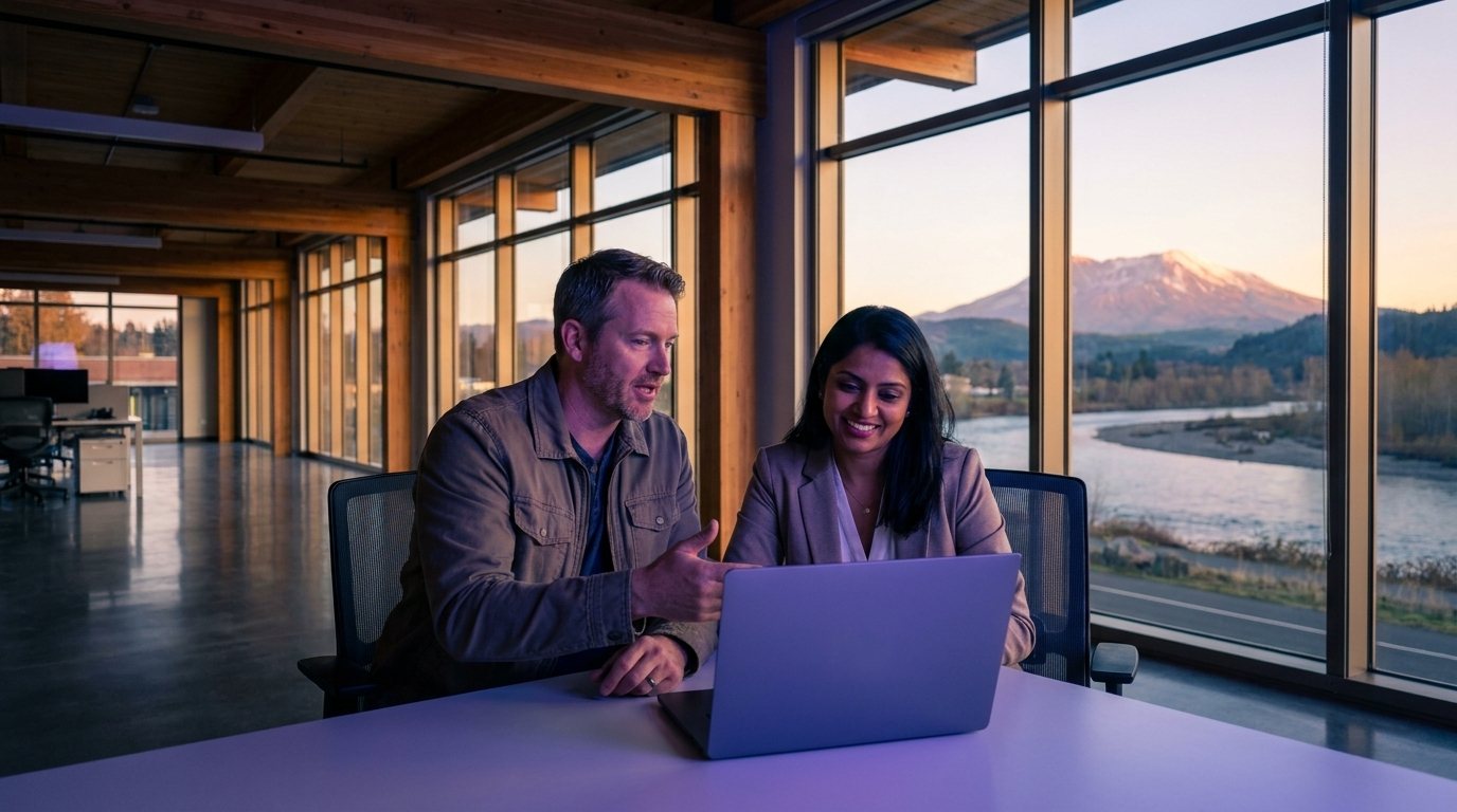 Two colleagues at a laptop, one describing the job while the other listens
