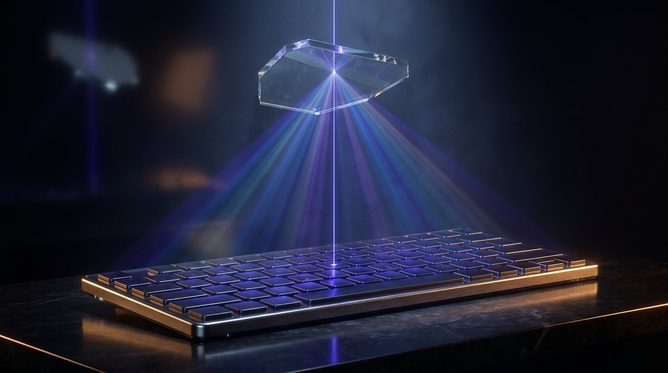 An abstract keyboard of glass and light, its signal reaching out to connected systems