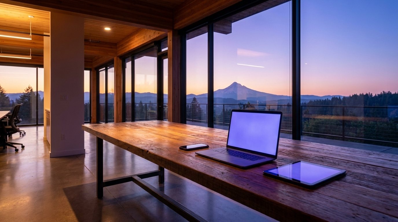A phone, a laptop and a tablet side by side on a timber table at first light