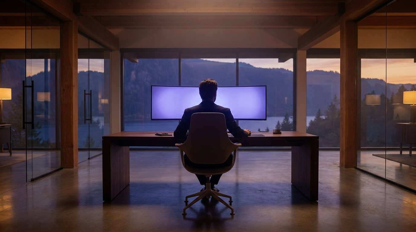 An operator at a single wide display, the whole operation on one screen