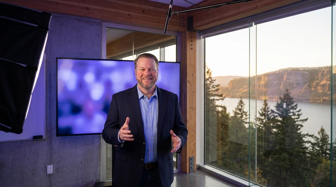 A presenter running a live training session, the Columbia River Gorge through the window behind him