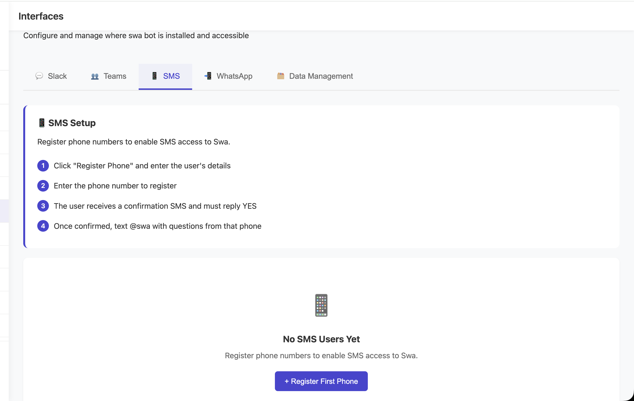Admin Portal Interfaces page with SMS tab selected showing setup instructions