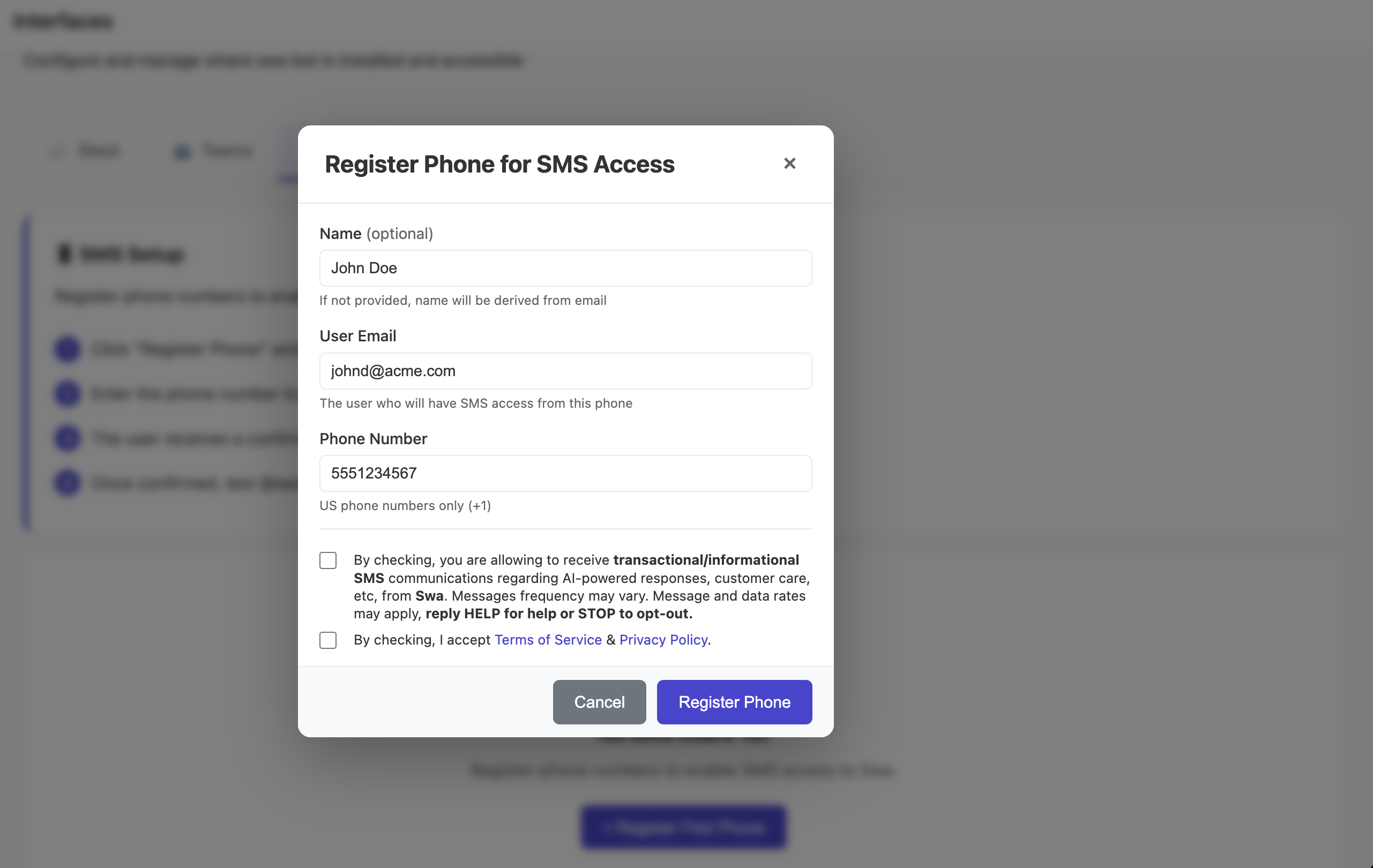 Register Phone for SMS Access modal with name, email, phone number fields and consent checkboxes