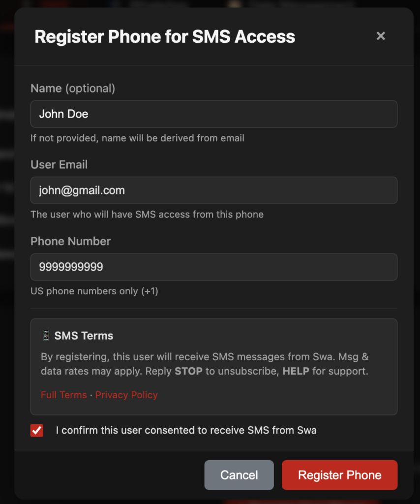 SMS confirmation message received on phone