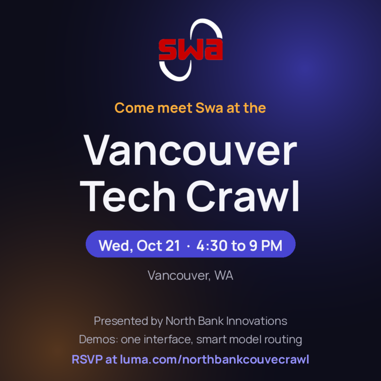 Come meet Swa at the Vancouver Tech Crawl, Wed Oct 21, 4:30 to 9 PM, Vancouver WA
